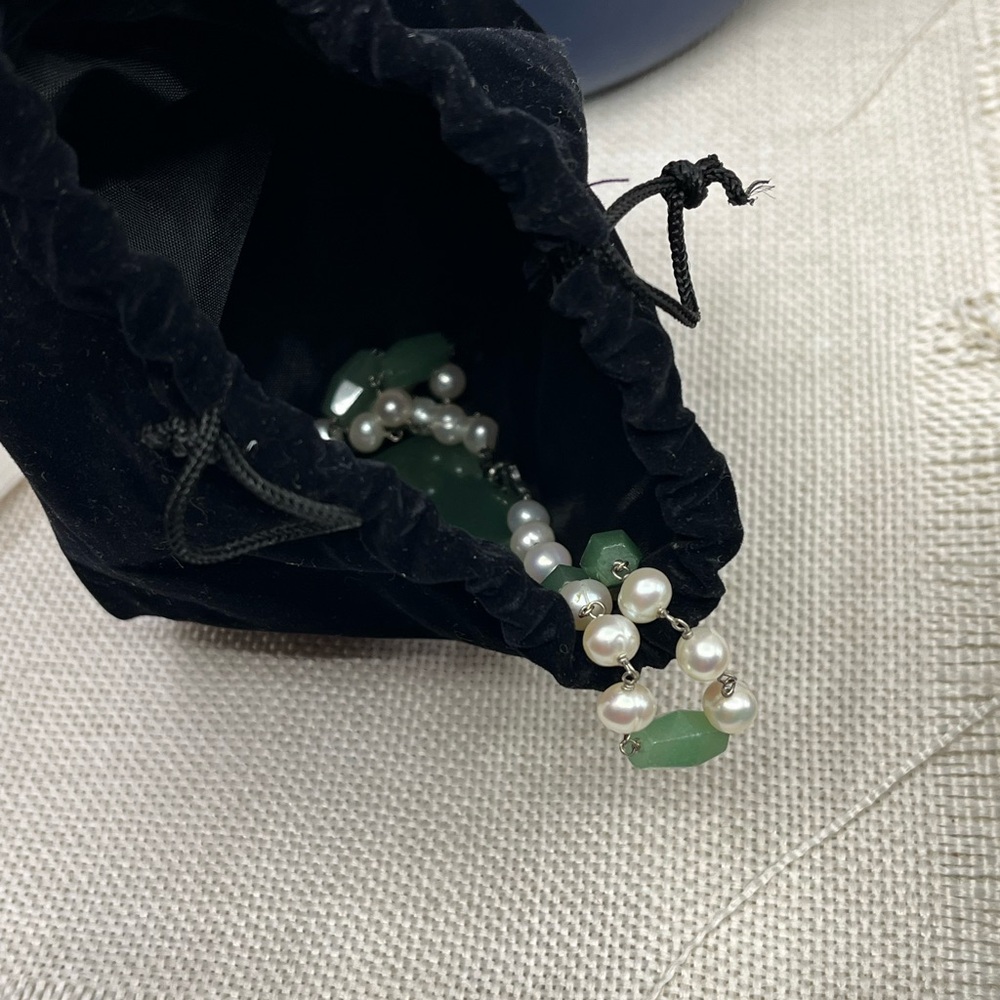Vintage Green Jade Nephrite & Pearl Sterling Silver Necklace 925 Estate 16" - Picture 9 of 17